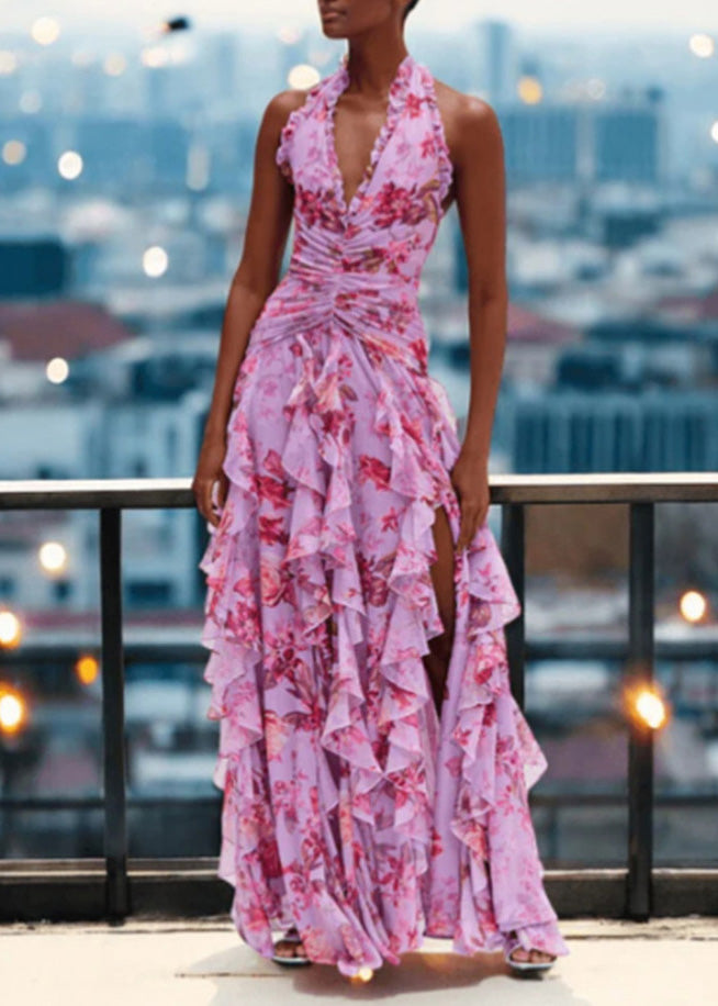 Handmade Blue Ruffled Asymmetrical Print Chiffon Long Dresses Sleeveless 2