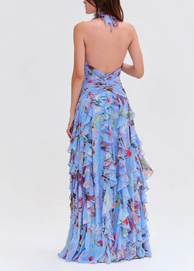 Handmade Blue Ruffled Asymmetrical Print Chiffon Long Dresses Sleeveless 3