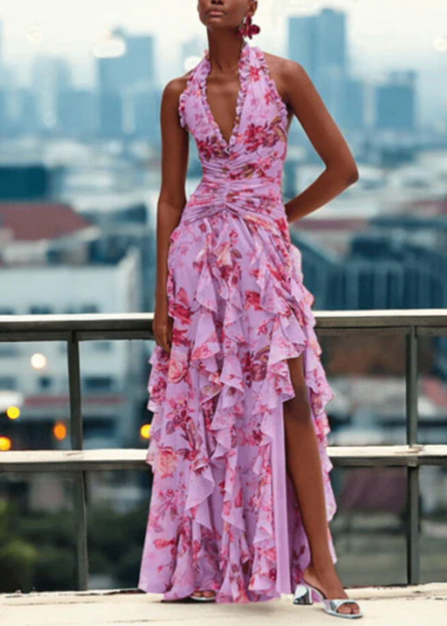 Handmade Blue Ruffled Asymmetrical Print Chiffon Long Dresses Sleeveless 4