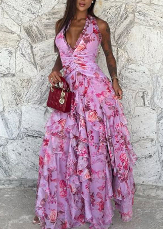 Handmade Blue Ruffled Asymmetrical Print Chiffon Long Dresses Sleeveless 5