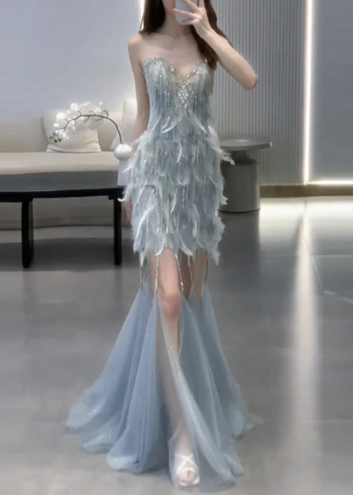 Handmade Blue Zircon Feather Cape And Dress Tulle Two Pieces Set - View 3