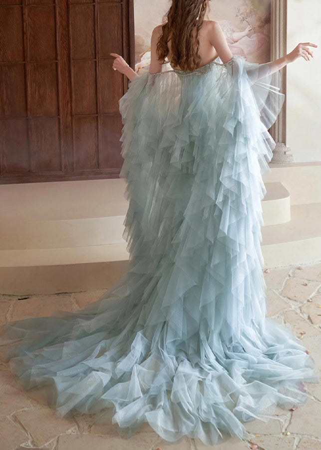 Handmade Blue Zircon Feather Cape And Dress Tulle Two Pieces Set - View 4