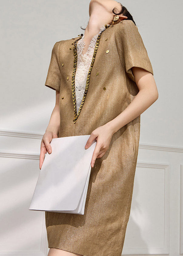 Lace Inset Deep V-Neck Sequin Trim Metallic Woven Shift Mini Dress