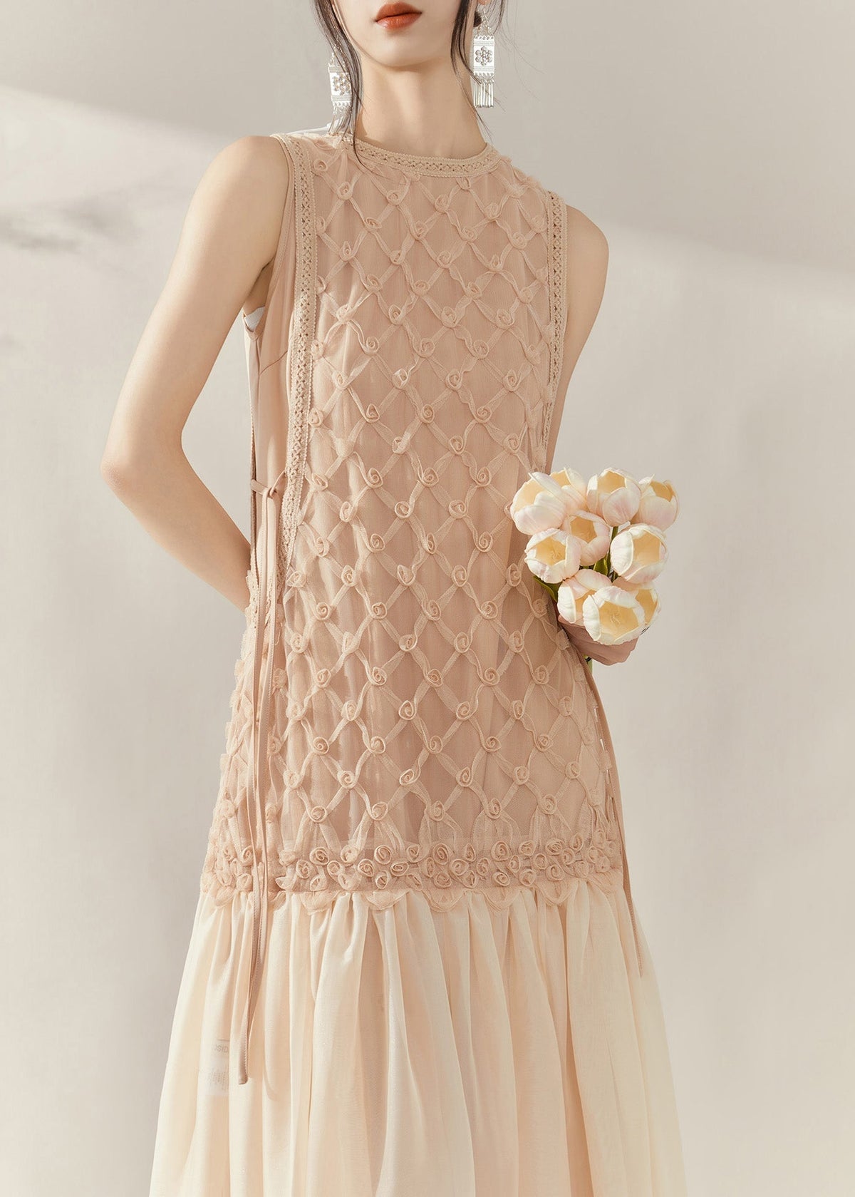 Mesh Rosette Applique Round Neck Lace Trim Drop Waist Maxi Dress