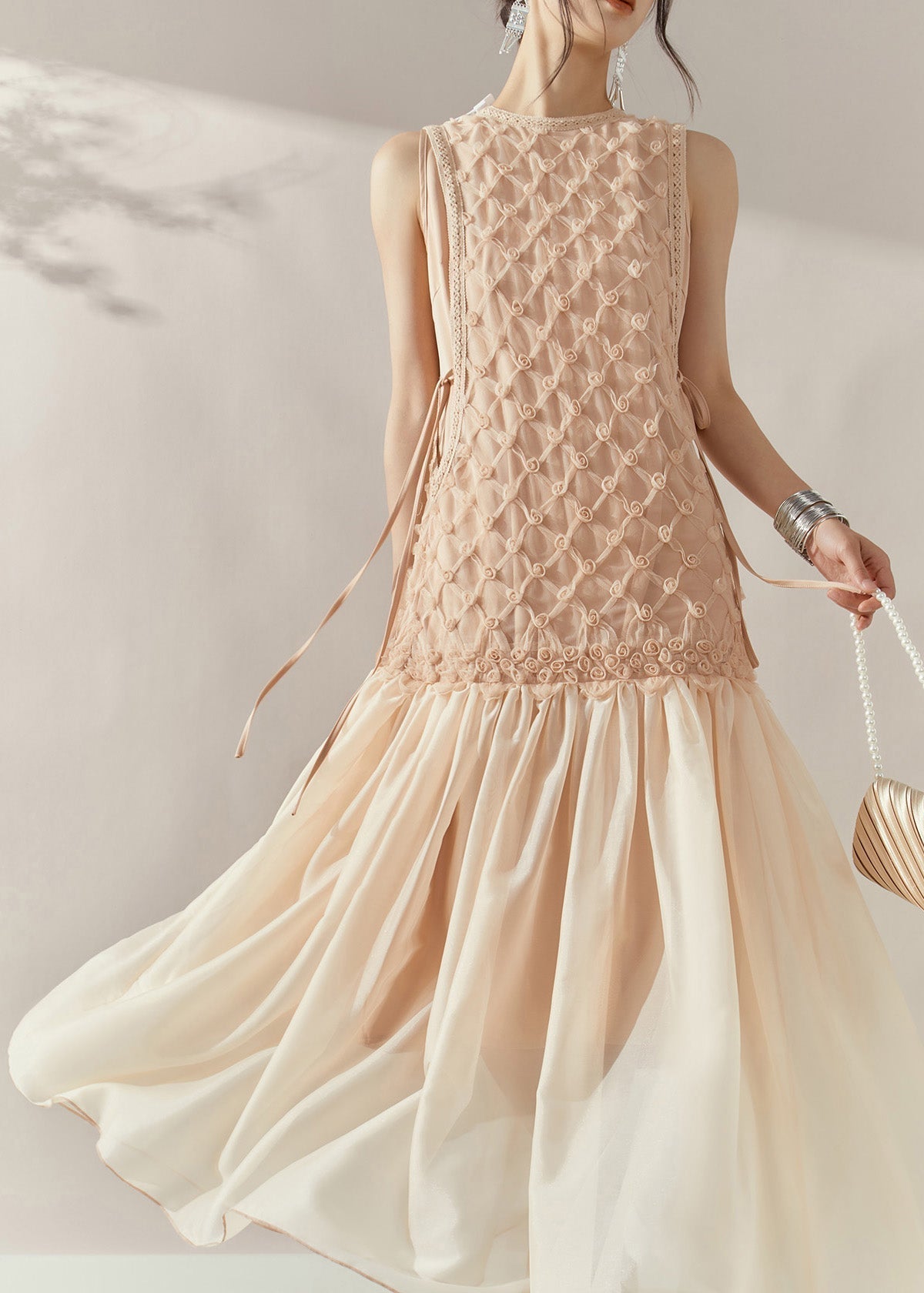 Mesh Rosette Applique Round Neck Lace Trim Drop Waist Pleated Maxi Dress