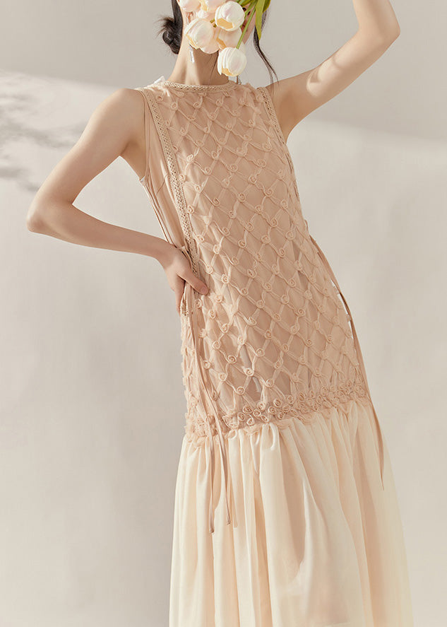 Mesh Rosette Applique Round Neck Lace Trim Drop Waist Pleated Maxi Dress