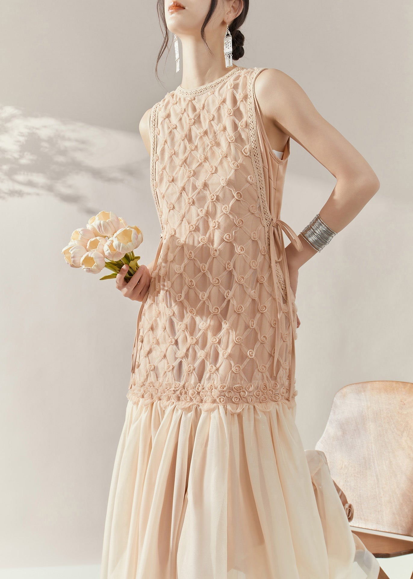 Mesh Rosette Applique Round Neck Lace Trim Drop Waist Pleated Maxi Dress