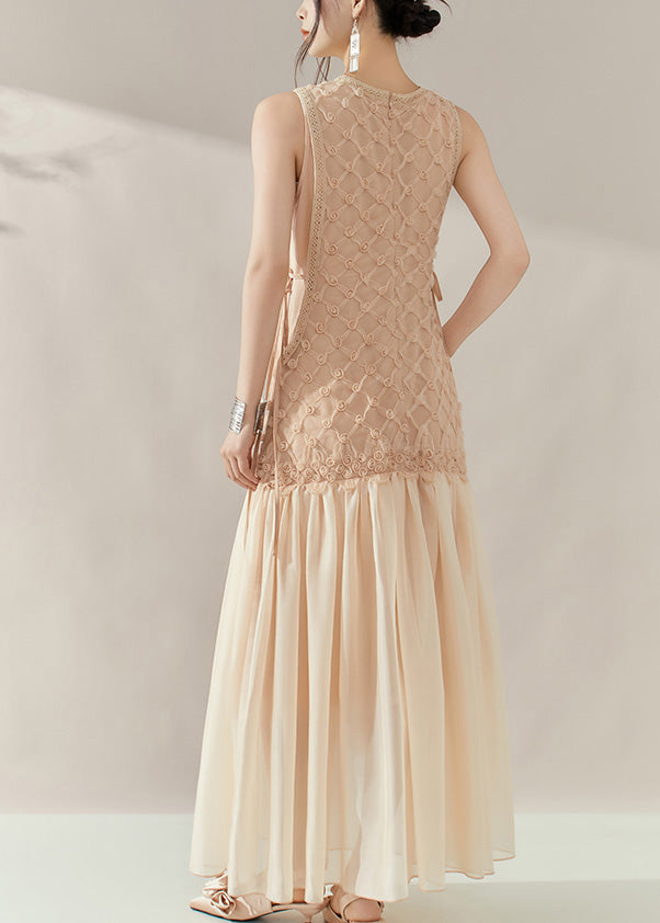 Mesh Rosette Applique Round Neck Lace Trim Drop Waist Pleated Maxi Dress