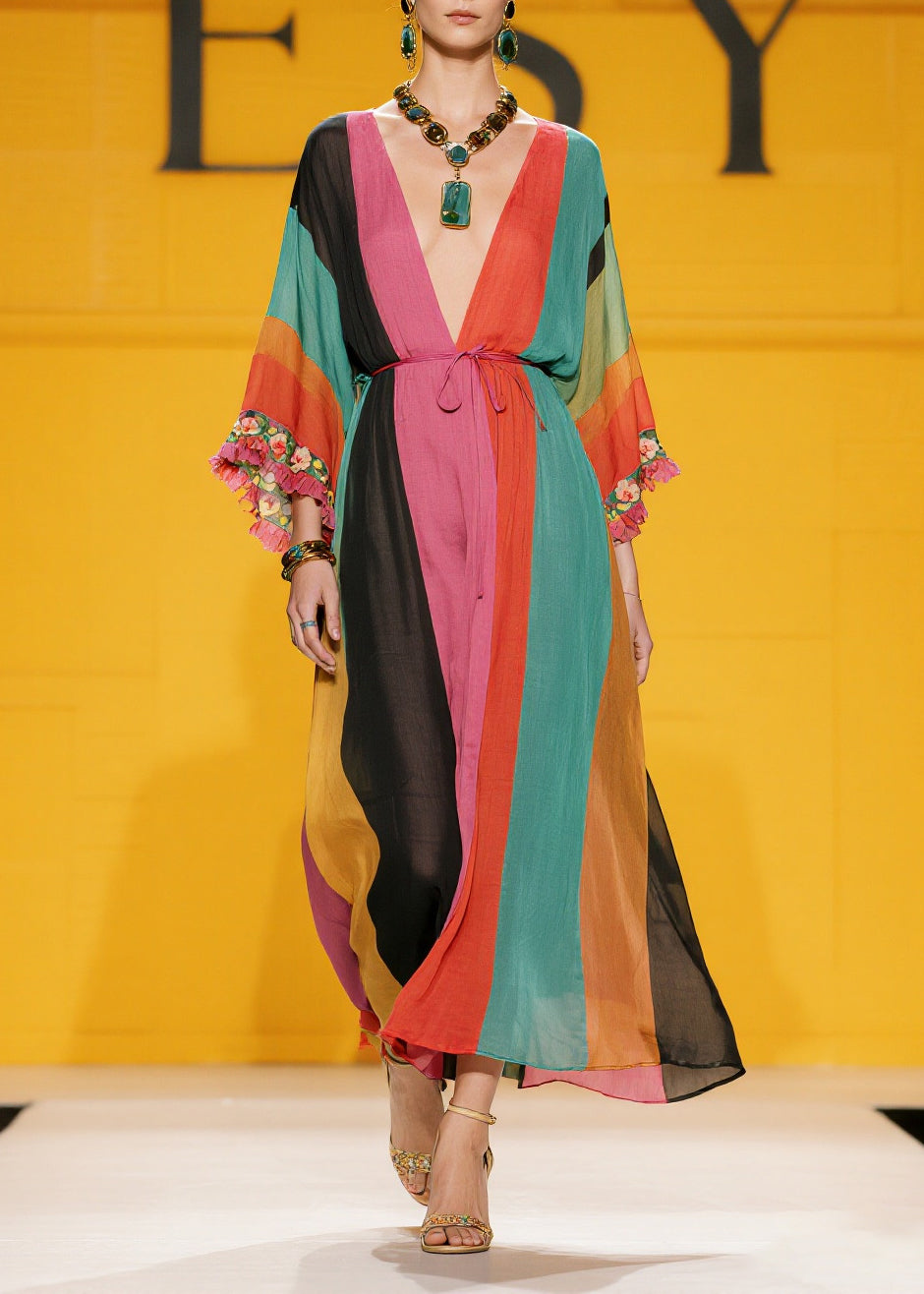 Chiffon Deep V-Neck Kimono Sleeve Tassel Trim Kaftan Maxi Dress - View 5