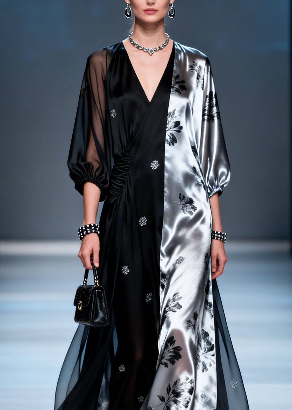 Split Panel Floral Print Deep V-Neck Ruched Waist Sheer Balloon Sleeve Maxi Gown