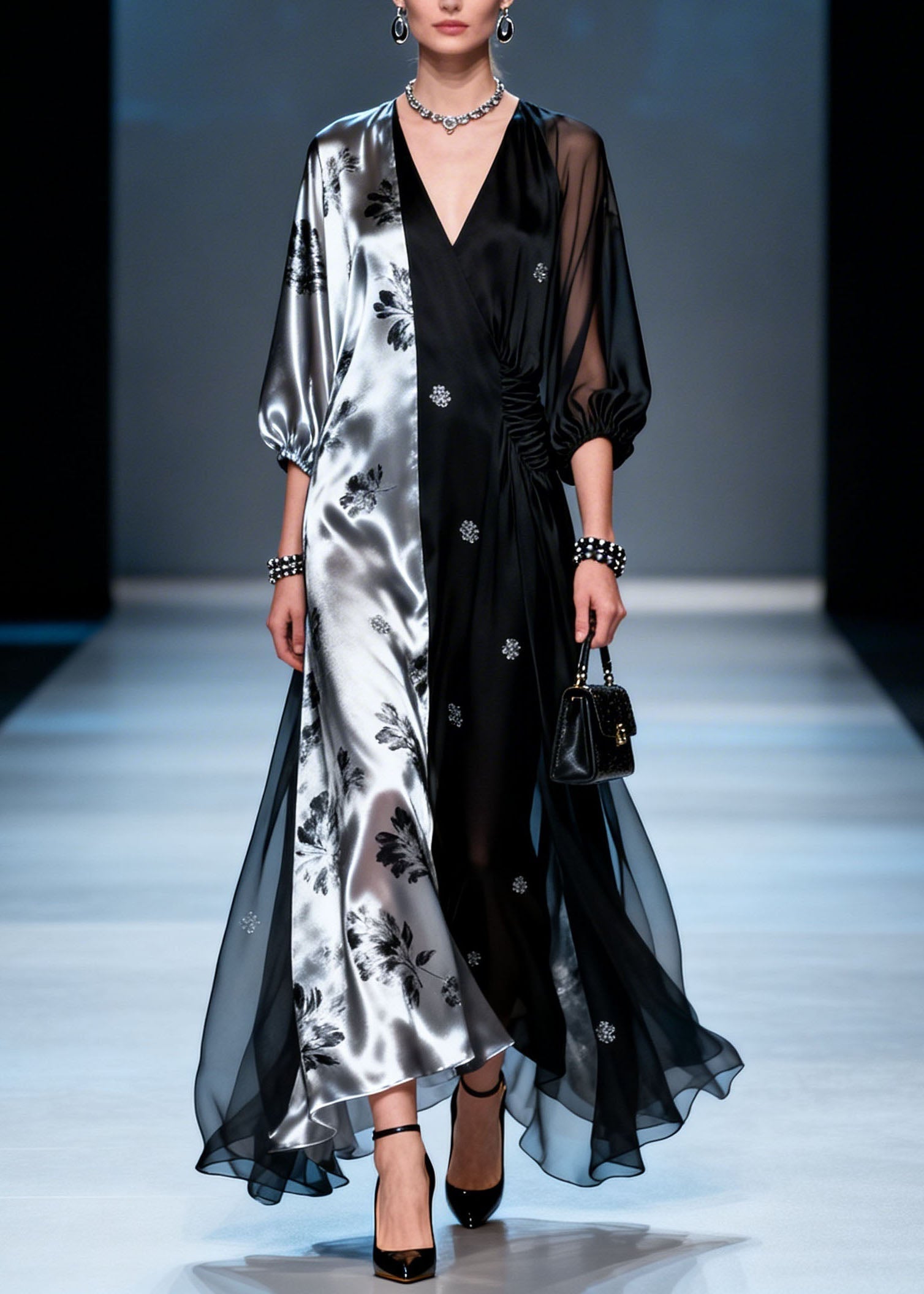 Split Panel Floral Print Deep V-Neck Ruched Waist Sheer Balloon Sleeve Maxi Gown