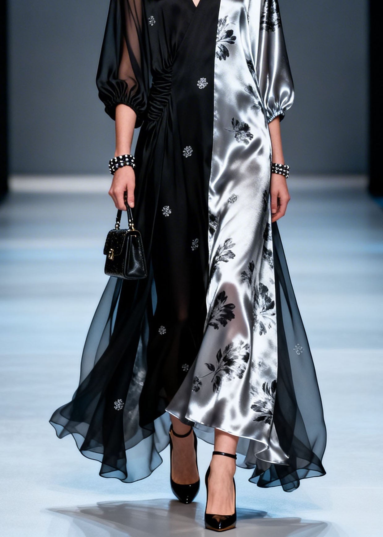 Split Panel Floral Print Deep V-Neck Ruched Waist Sheer Balloon Sleeve Maxi Gown