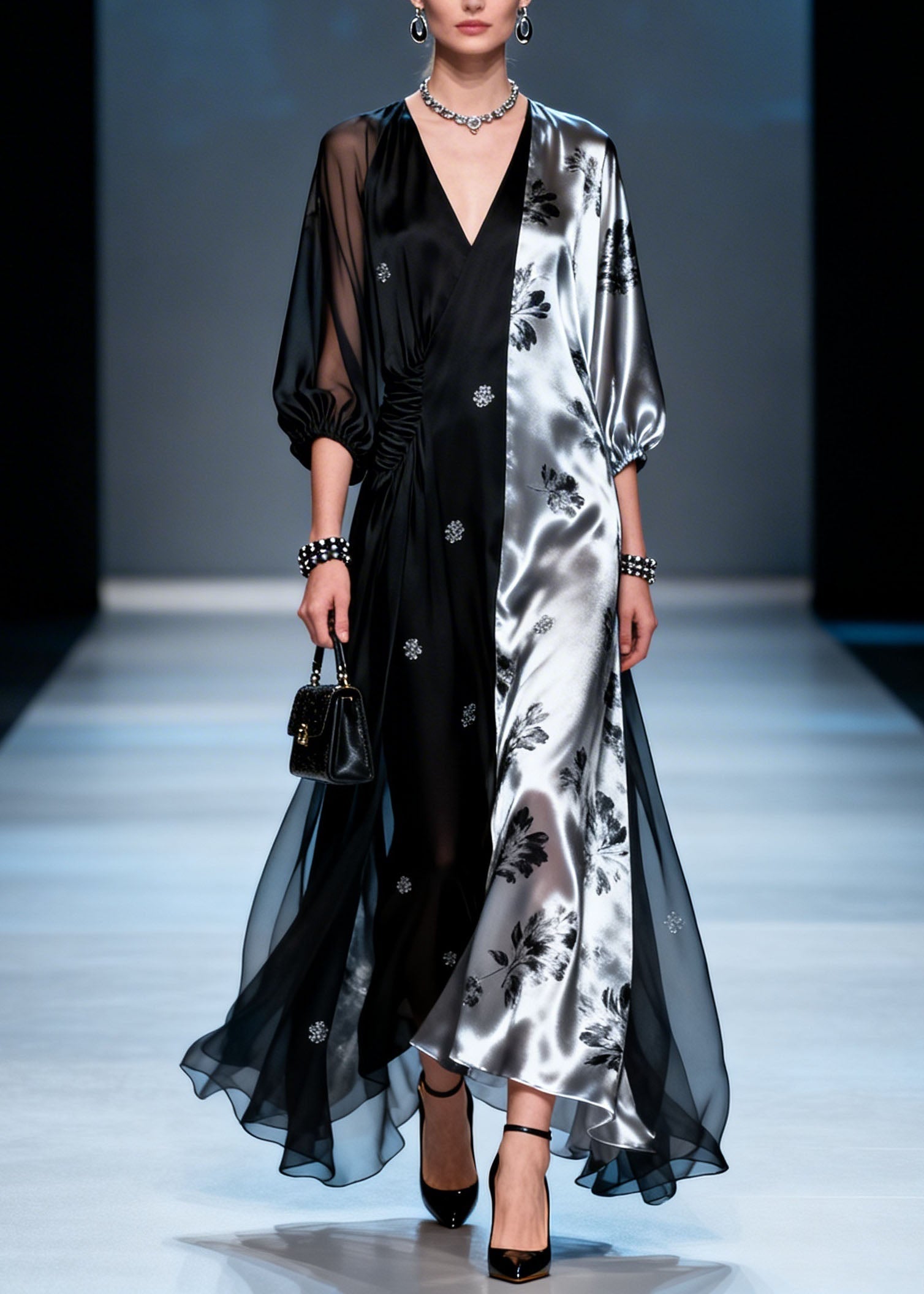 Split Panel Floral Print Deep V-Neck Ruched Waist Sheer Balloon Sleeve Maxi Gown