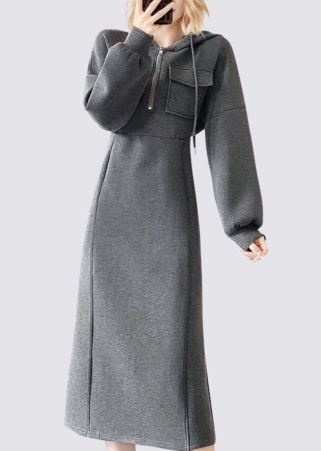 Handmade Dark Grey Tie Lace Patchwork Hooded Maxi Dresses Fall - View 2