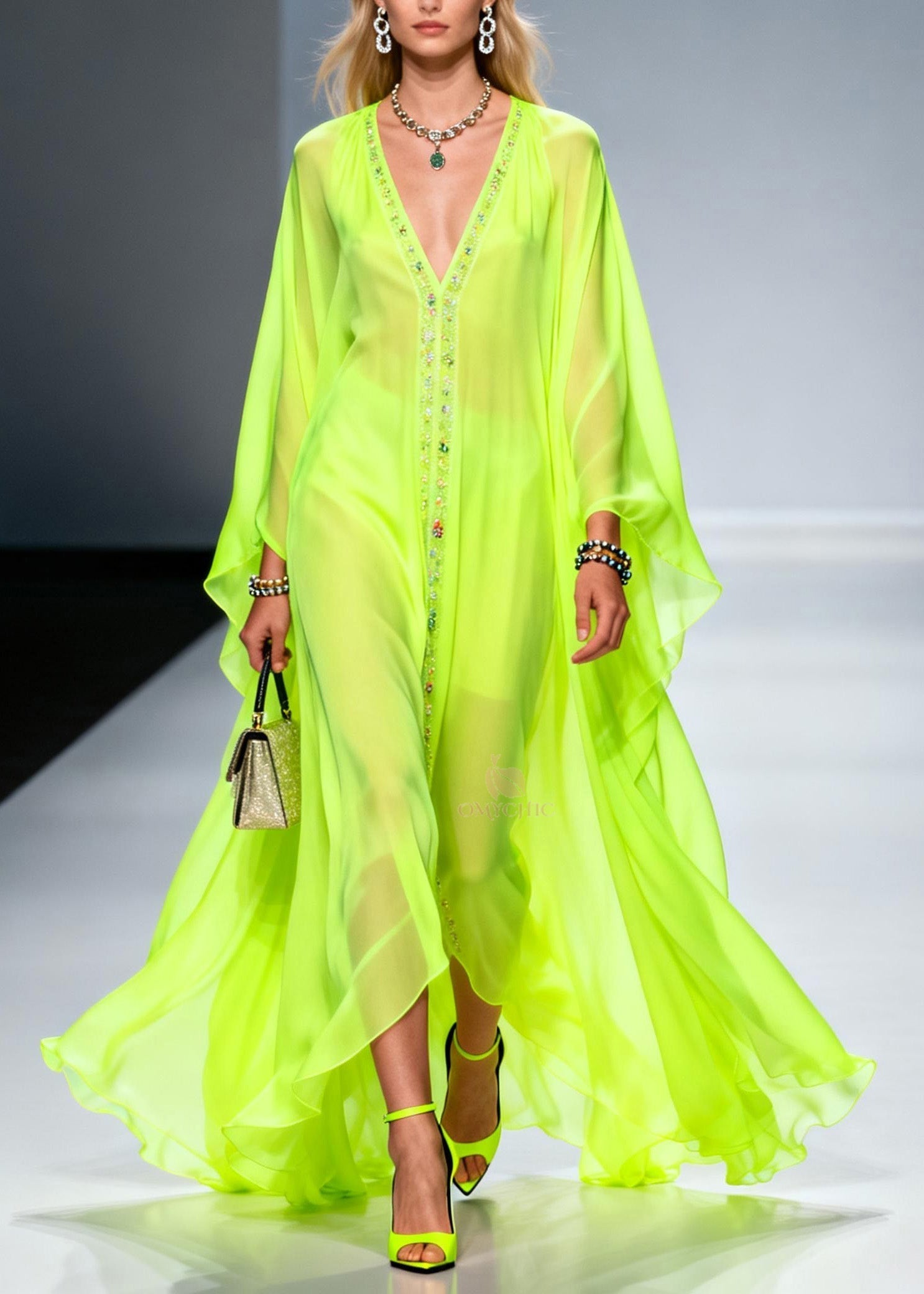Beaded Trim Deep V-Neck Butterfly Sleeve Sheer Chiffon Kaftan Maxi Gown