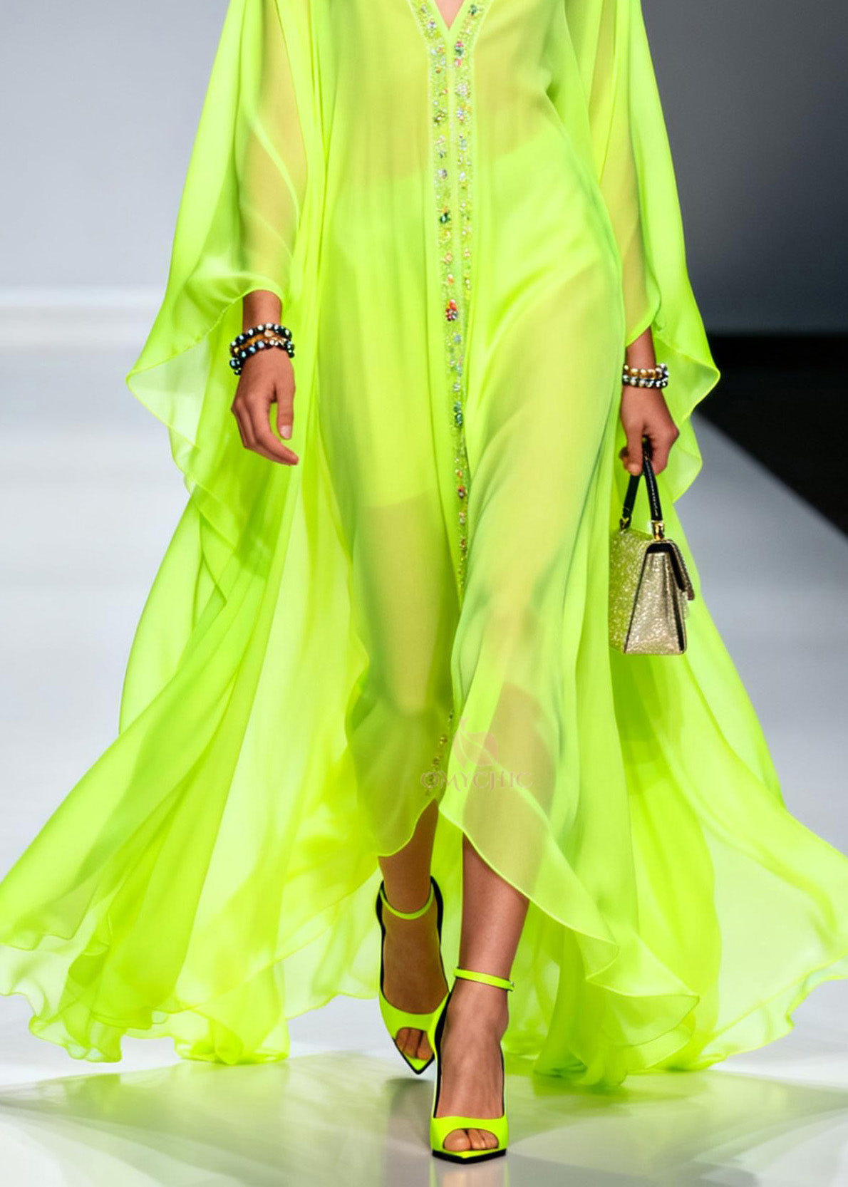 Beaded Trim Deep V-Neck Butterfly Sleeve Sheer Chiffon Kaftan Maxi Gown