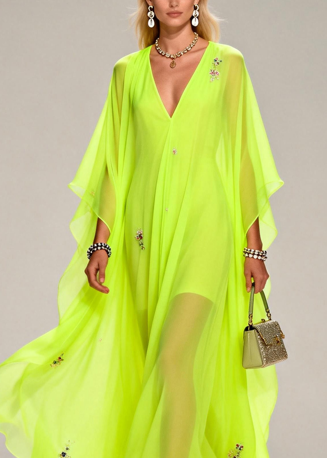 Sequin Floral Scatter Deep V-Neck Cape Sleeve Sheer Kaftan Maxi Gown