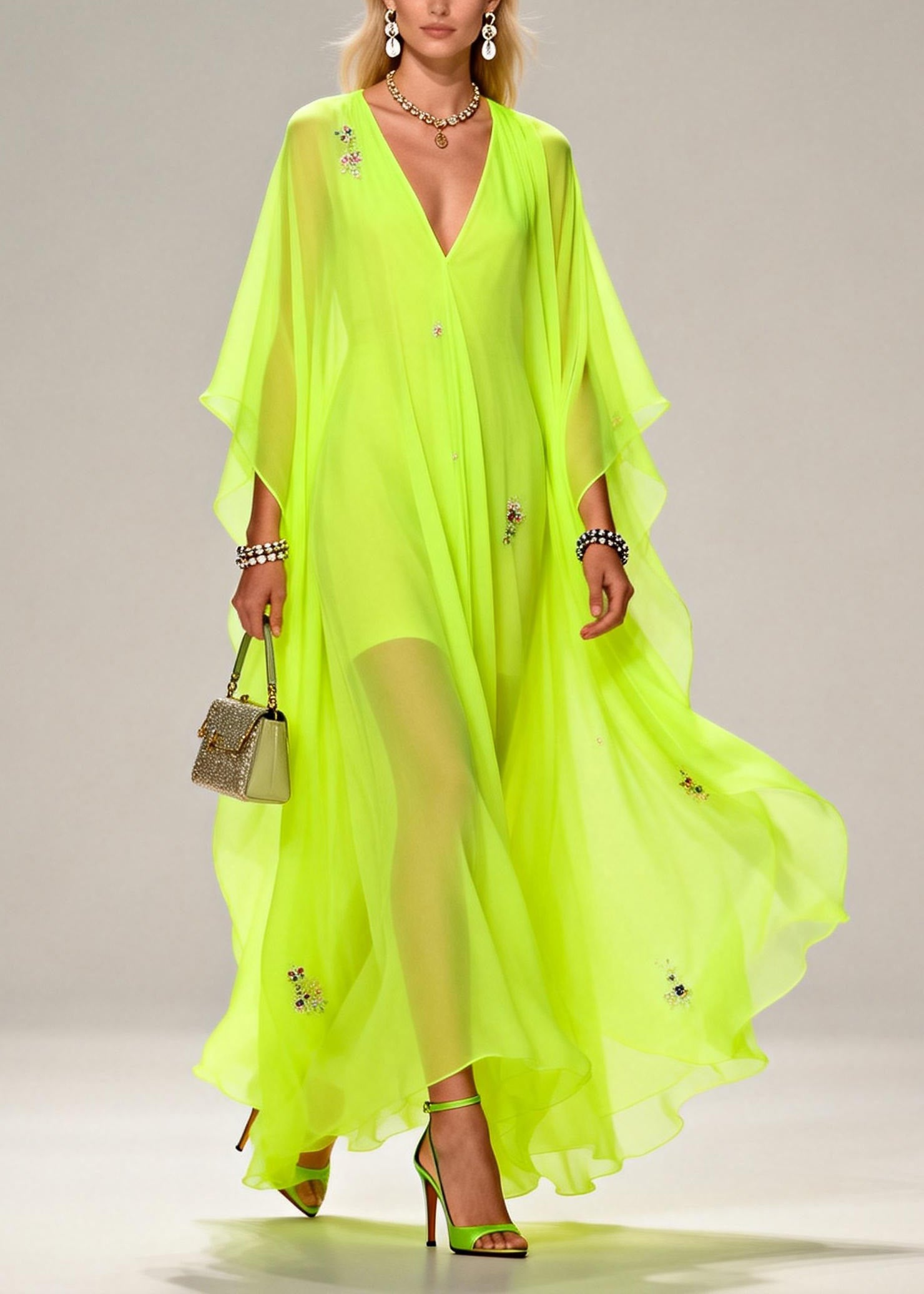 Sequin Floral Scatter Deep V-Neck Cape Sleeve Sheer Kaftan Maxi Gown
