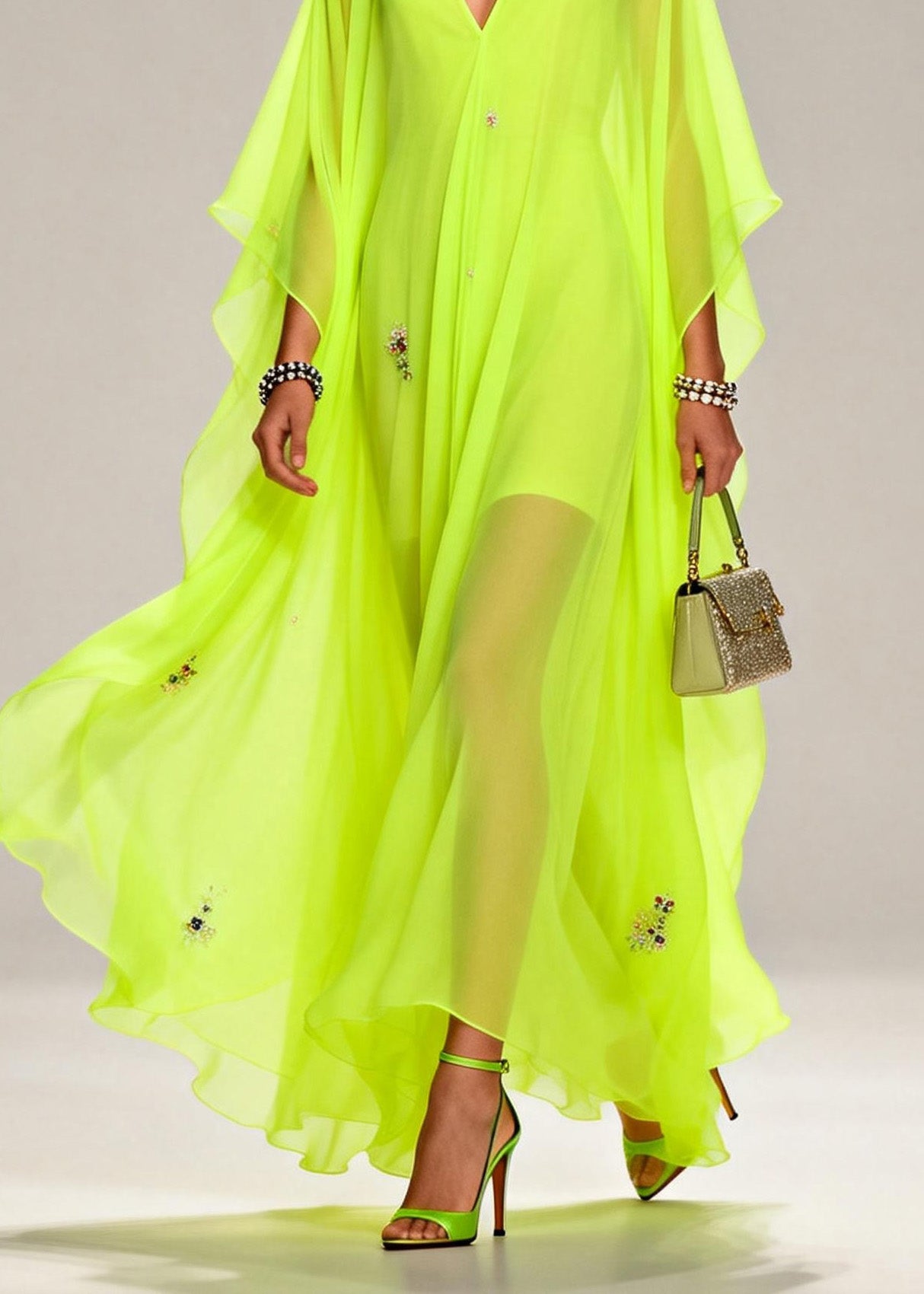 Sequin Floral Scatter Deep V-Neck Cape Sleeve Sheer Kaftan Maxi Gown