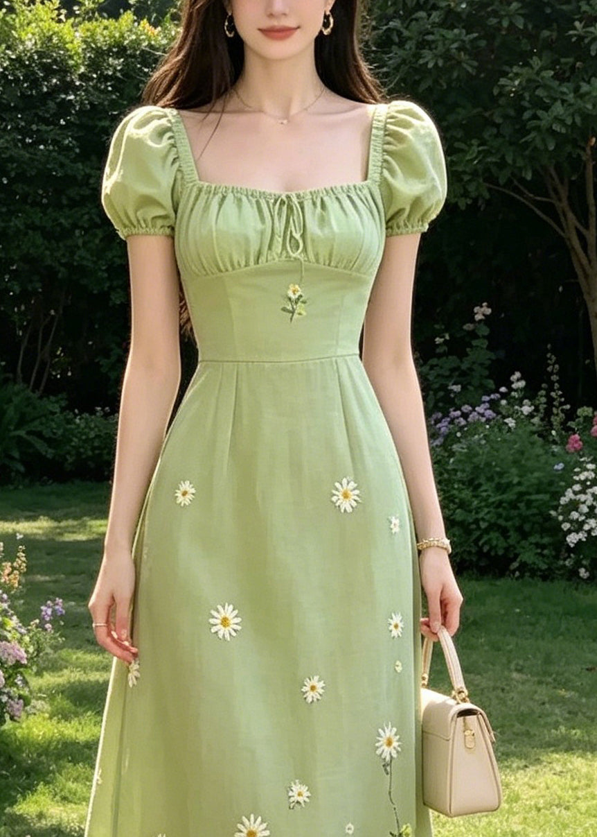 Handmade Green Square Collar Tie Lace Embroidered Floral Long Dresses Puff Sleeve 2