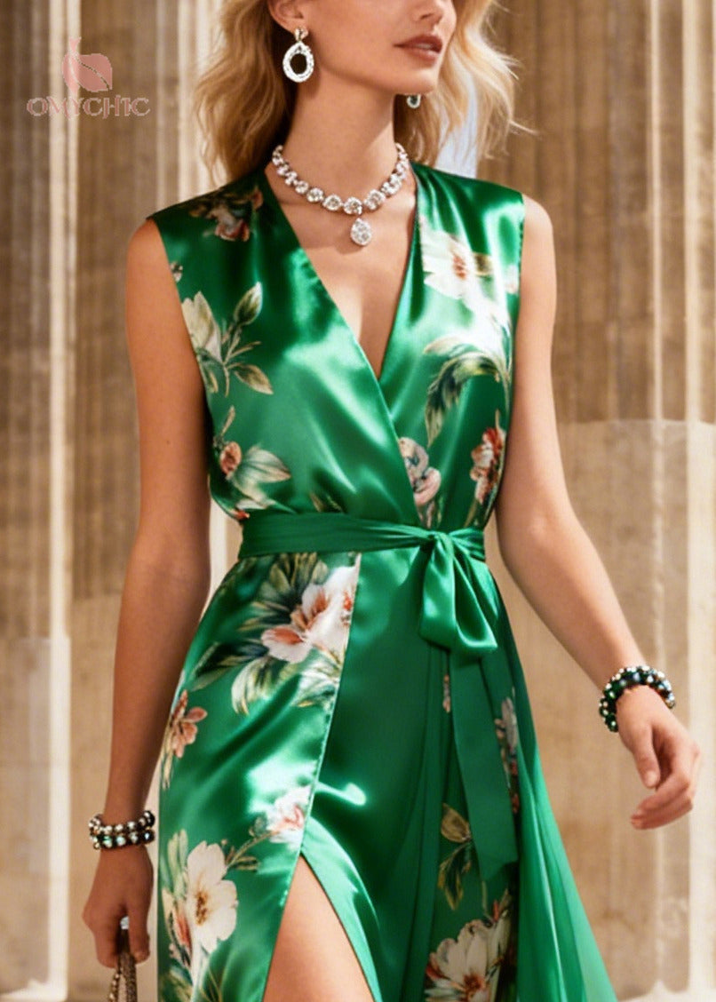 Satin Floral Print Deep V-Neck Sleeveless Wrap Tie Belt High Split Maxi Gown