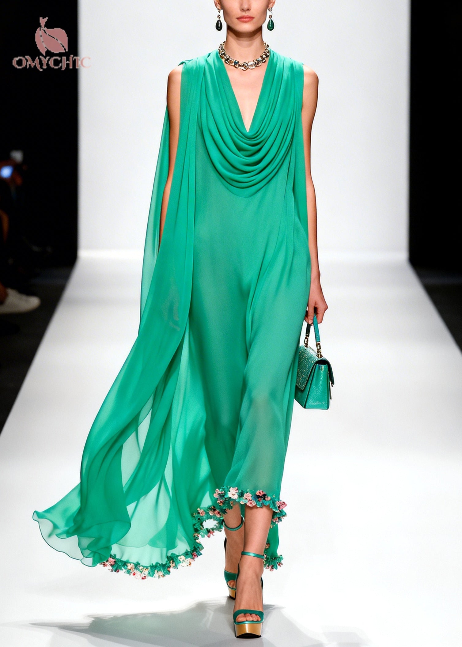 Sleeveless Cowl Neck Cape Detail 3D Floral Hem Maxi Gown