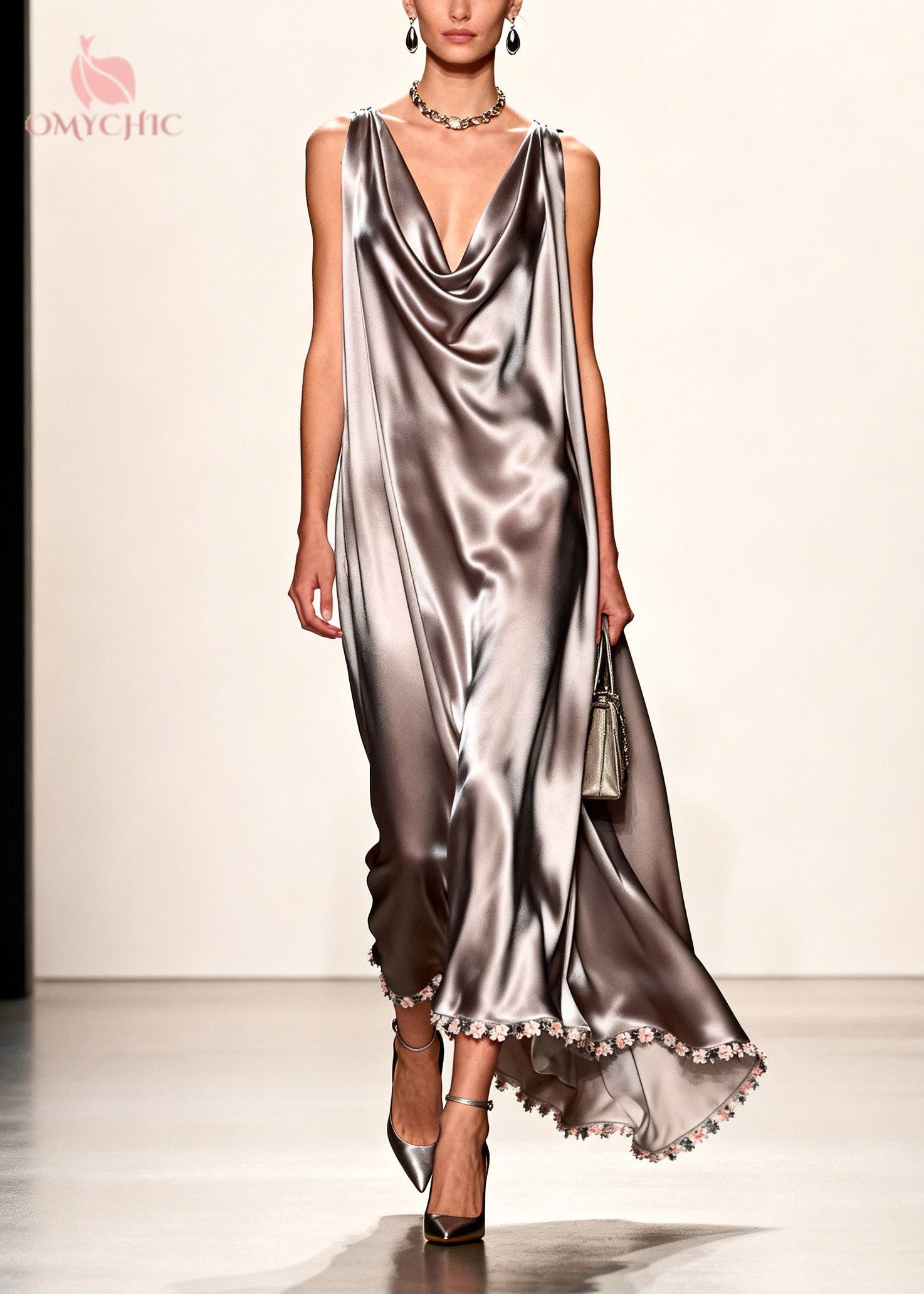 Satin Cowl Neck Sleeveless Floral Applique Hem Maxi Gown