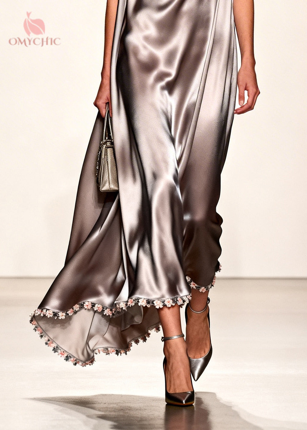 Satin Cowl Neck Sleeveless Floral Applique Hem Maxi Gown