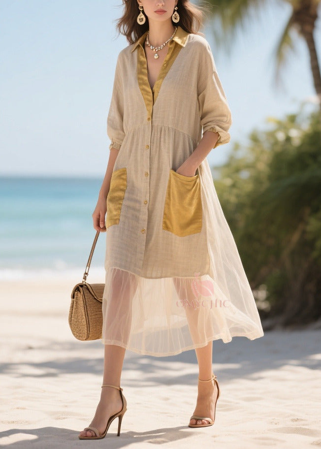 Collar V-Neck Button Front Puff Sleeve Patch Pocket Mesh Ruffle Shirt Dress