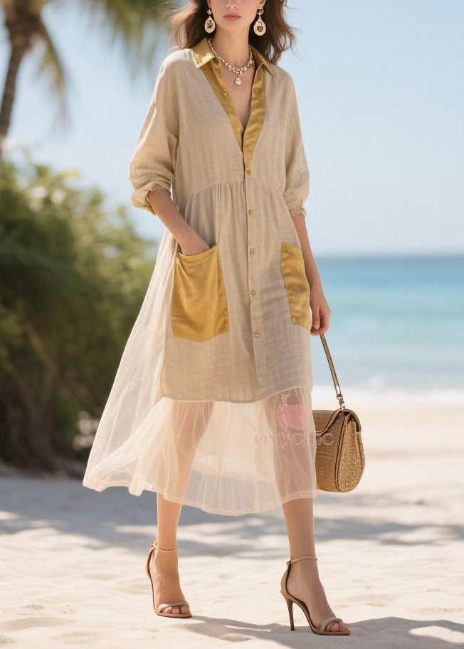 Collar V-Neck Button Front Puff Sleeve Patch Pocket Mesh Ruffle Shirt Dress