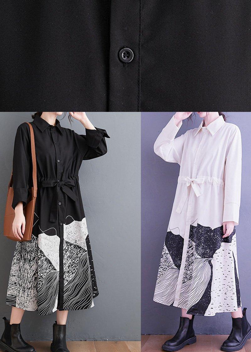 Handmade Lapel Tie Waist Clothes Work Outfits Black Abstract pattern Maxi Dresses