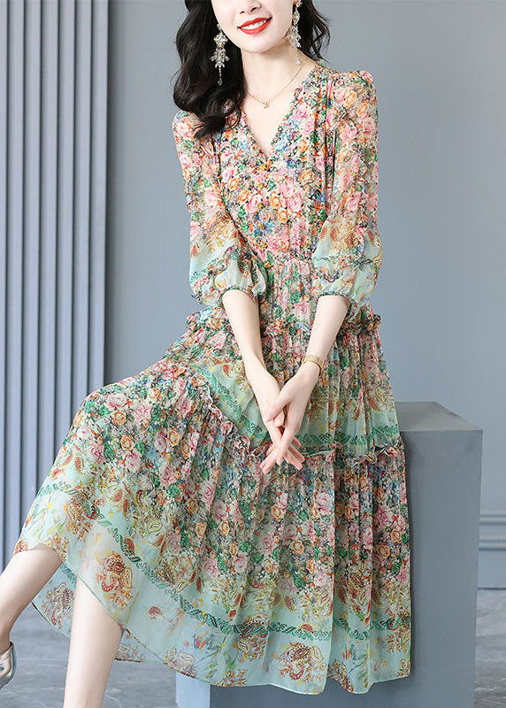 Floral Paisley Print V-Neck Tiered Ruffle Trim Balloon Sleeve Chiffon Midi Dress