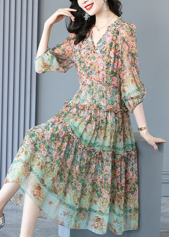 Floral Paisley Print V-Neck Tiered Ruffle Trim Balloon Sleeve Chiffon Midi Dress