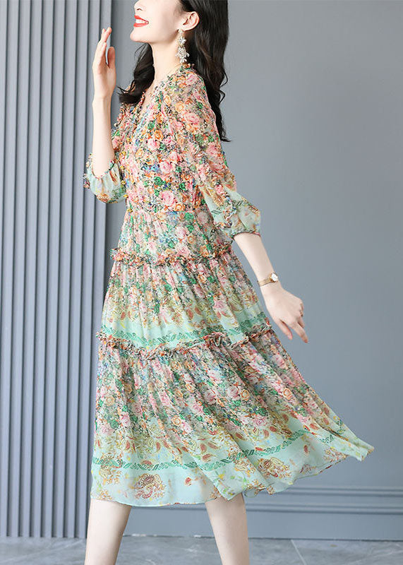 Floral Paisley Print V-Neck Tiered Ruffle Trim Balloon Sleeve Chiffon Midi Dress