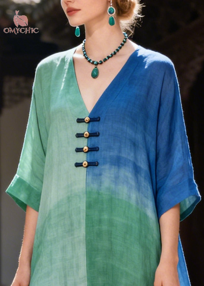 Handmade Oversized Tie Dye Chinese Button Cotton Robe Dresses Summer