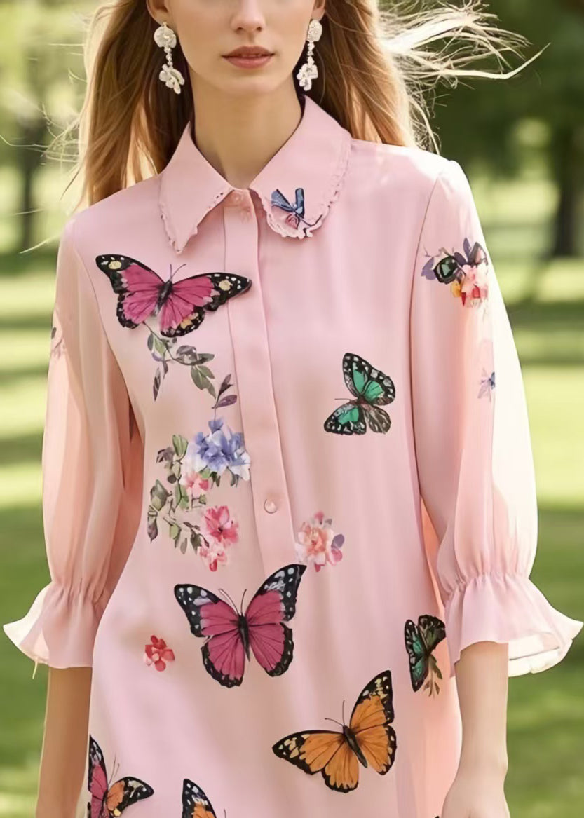 Butterfly Print Collar Button Front Ruffle Sleeve Lace Trim High Low Chiffon Midi Dress