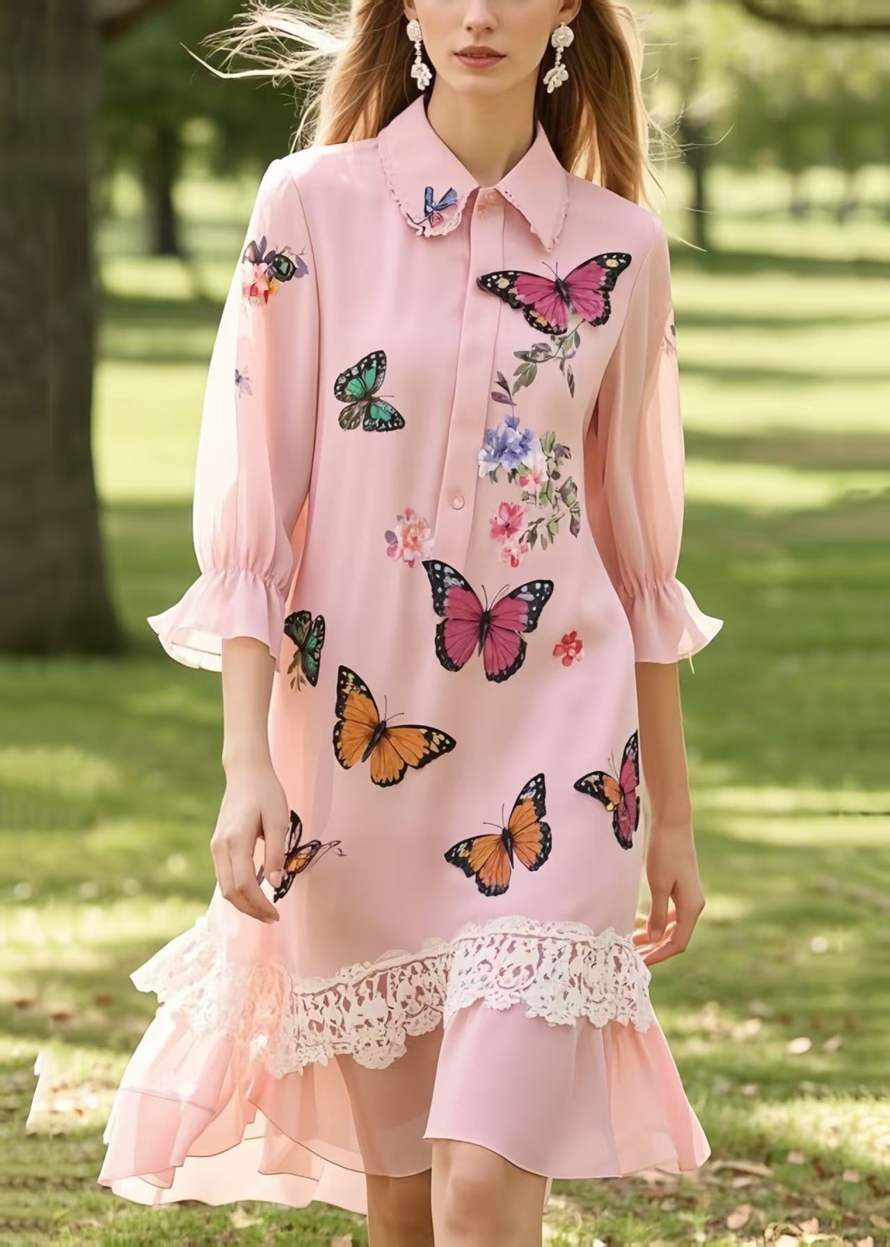 Butterfly Print Collar Button Front Ruffle Sleeve Lace Trim High Low Chiffon Midi Dress