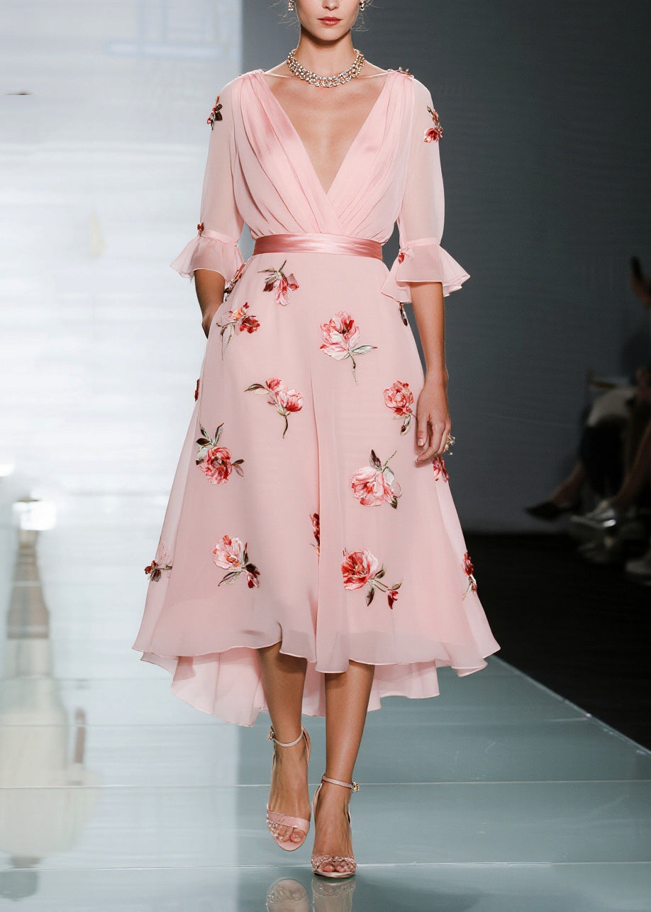 V-Neck Chiffon Floral Bell Sleeve Midi Dress - View 5