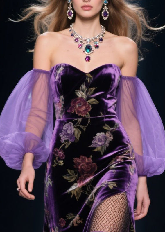 Velvet Off Shoulder Tulle Puff Sleeve Tiered Ruffle High Split Maxi Gown