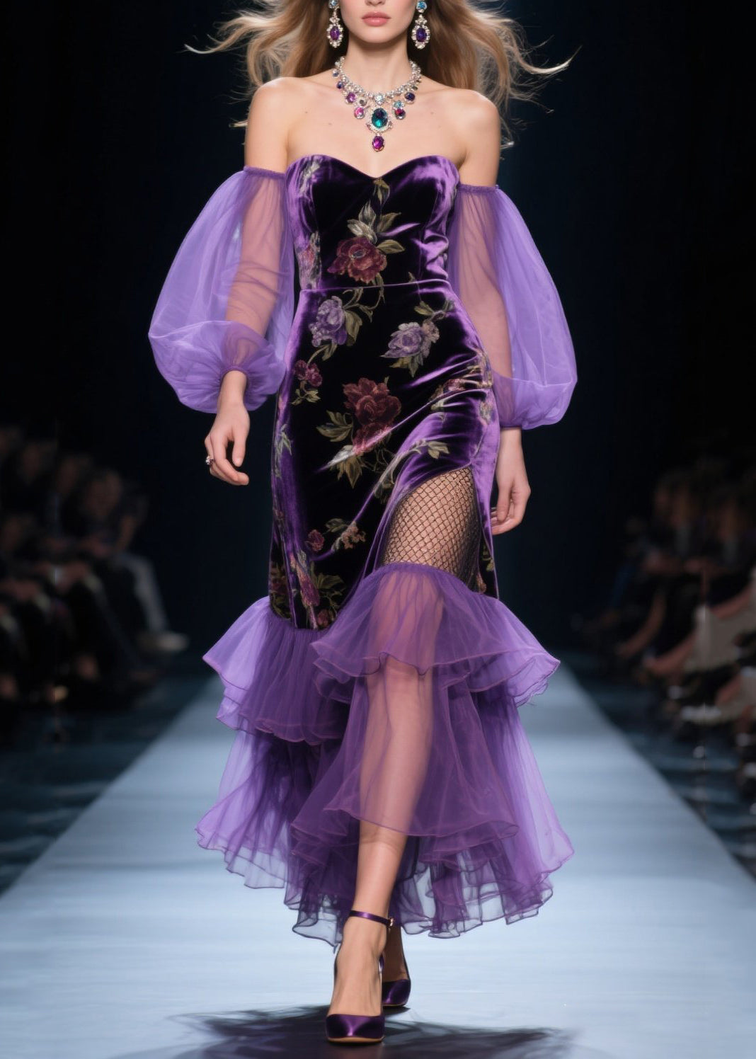 Velvet Off Shoulder Tulle Puff Sleeve Tiered Ruffle High Split Maxi Gown