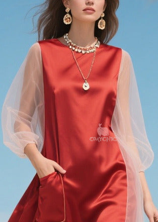 Mesh Lantern Sleeve Round Neck Patch Pocket Satin Midi Dress
