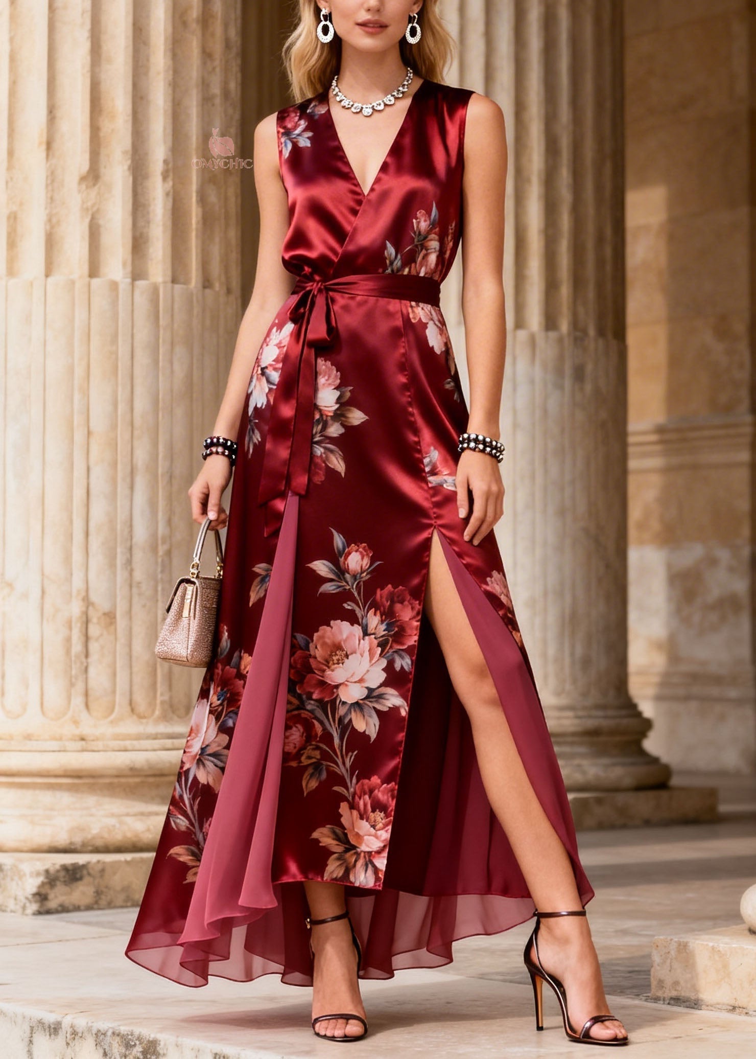 Floral Print Sleeveless Wrap Tie Waist Double High Split Layered Chiffon Maxi Gown