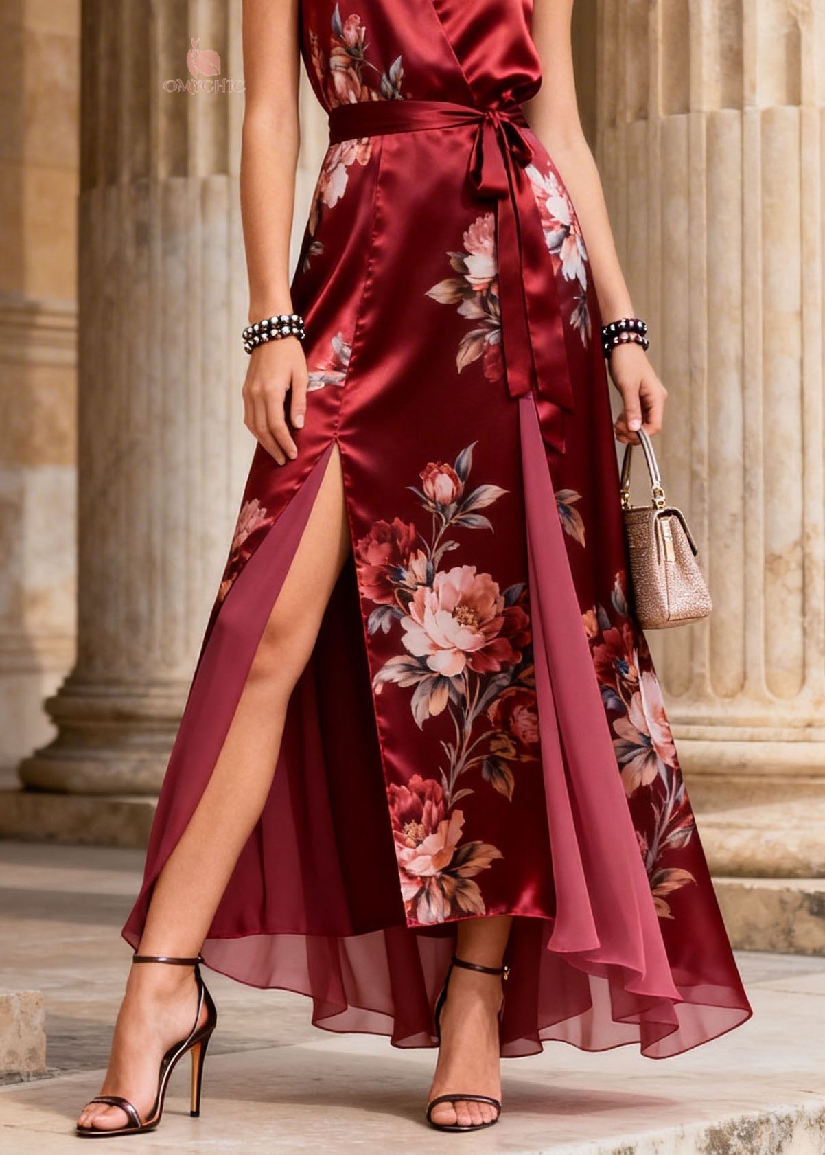 Floral Print Sleeveless Wrap Tie Waist Double High Split Layered Chiffon Maxi Gown