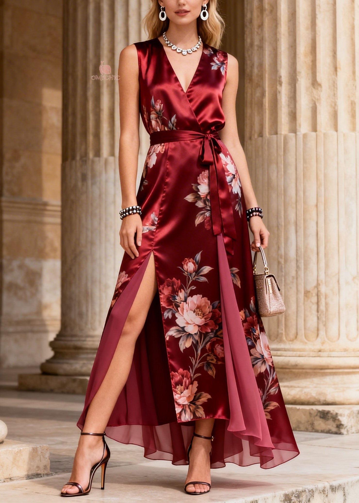 Floral Print Sleeveless Wrap Tie Waist Double High Split Layered Chiffon Maxi Gown