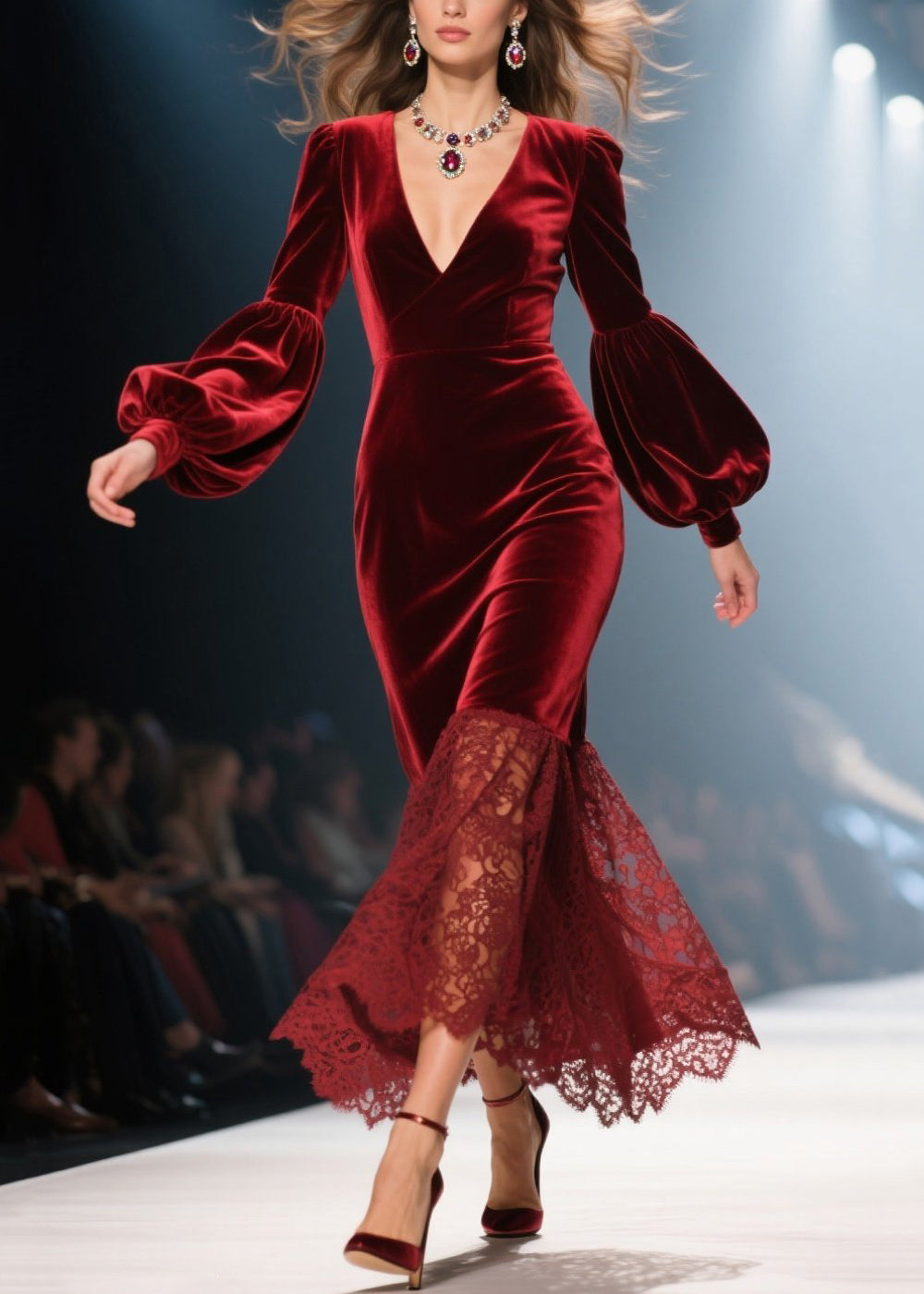 Velvet Lace Trumpet Skirt Wrap V-Neck Lantern Sleeve Midi Dress