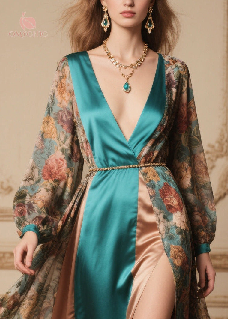 Floral Print Chiffon Deep V-Neck Wrap Long Sleeve Satin Panel High Split Maxi Gown