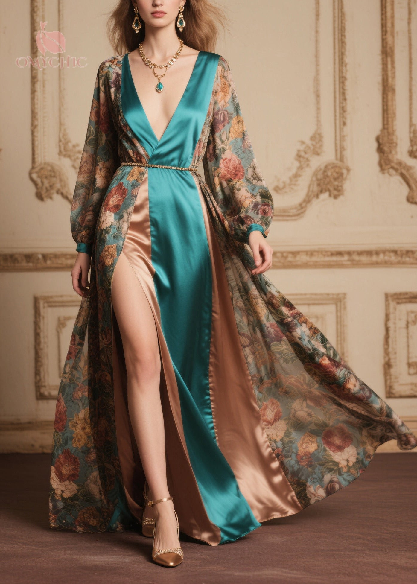 Floral Print Chiffon Deep V-Neck Wrap Long Sleeve Satin Panel High Split Maxi Gown