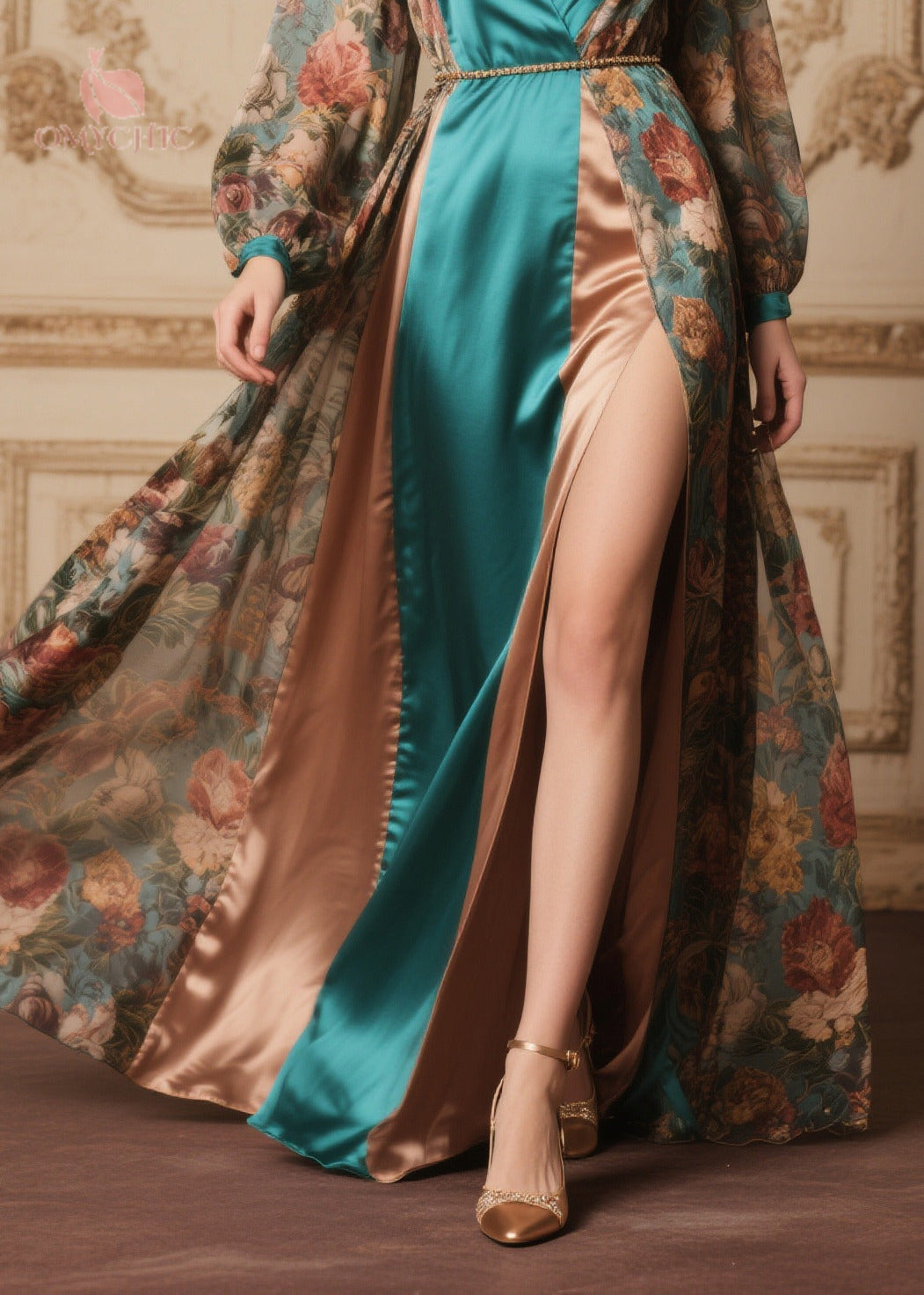 Floral Print Chiffon Deep V-Neck Wrap Long Sleeve Satin Panel High Split Maxi Gown