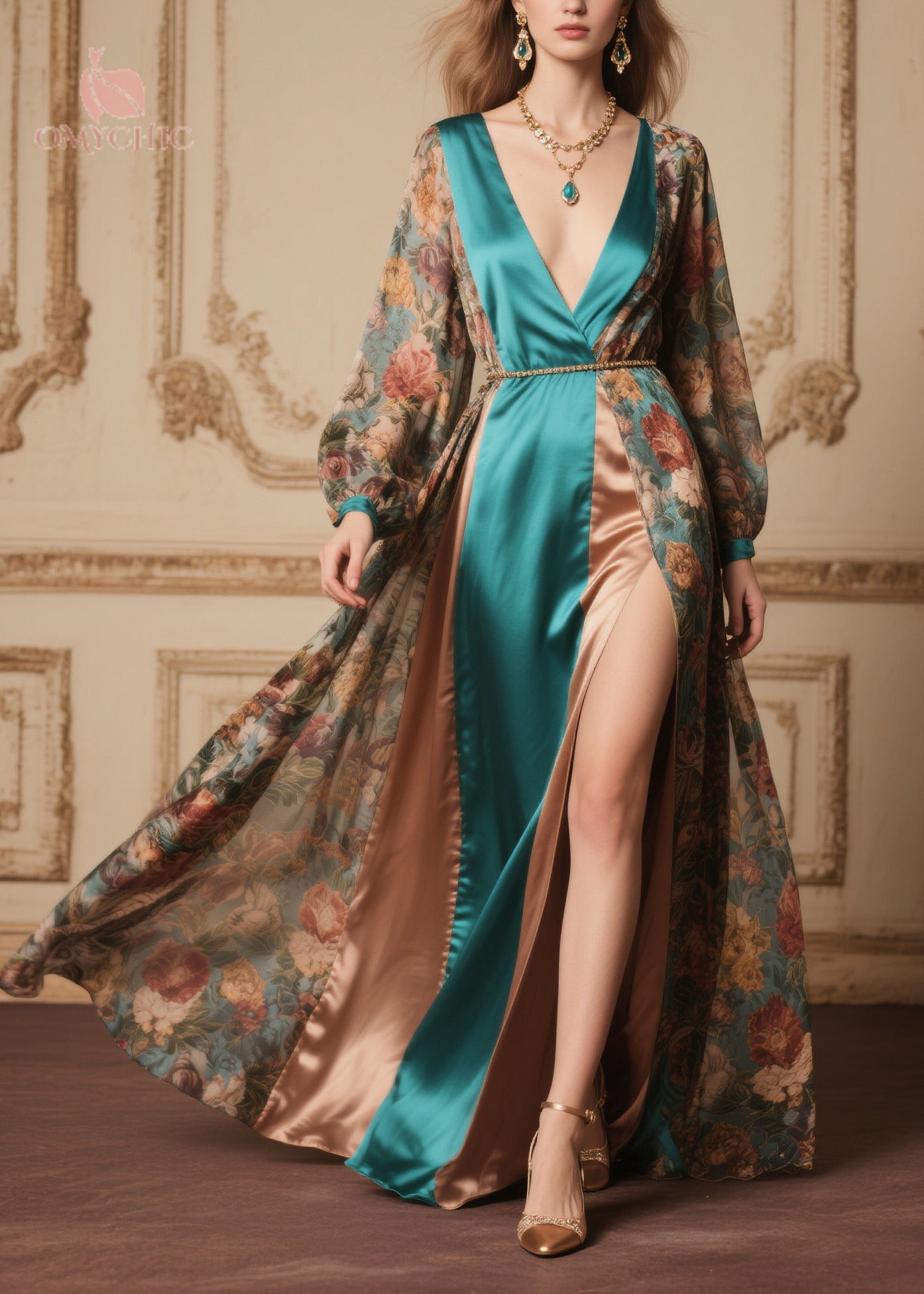 Floral Print Chiffon Deep V-Neck Wrap Long Sleeve Satin Panel High Split Maxi Gown