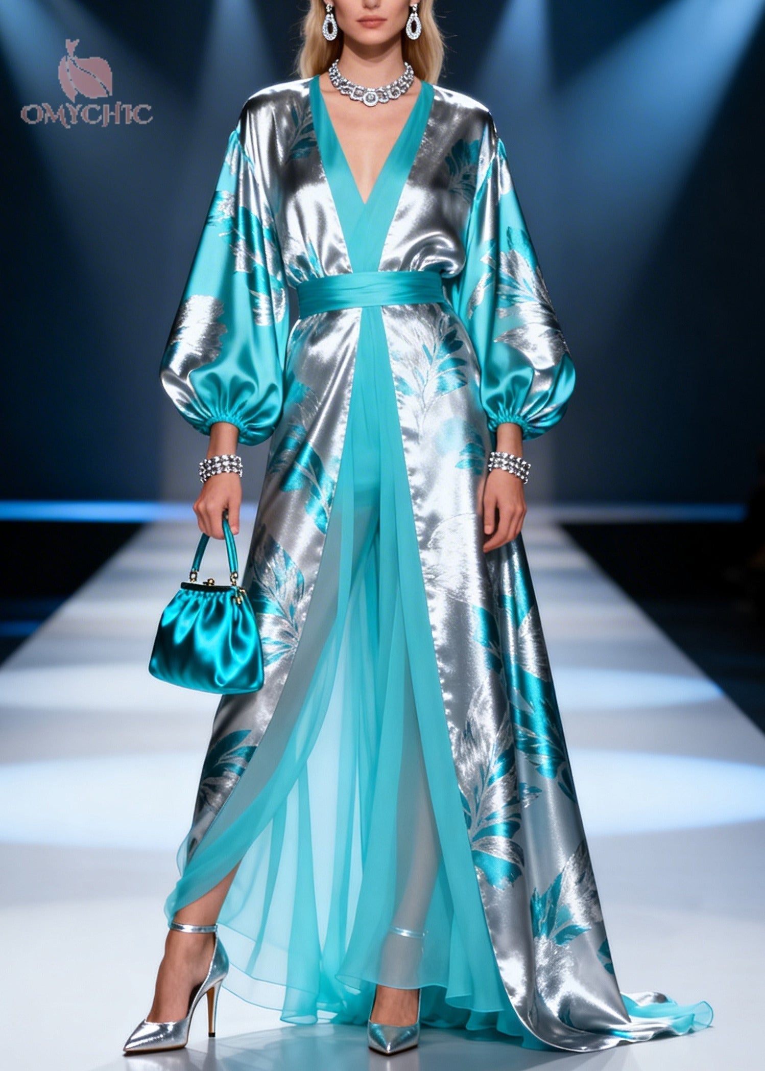 Metallic Leaf Jacquard Bishop Sleeve Open Front Sheer Layered Maxi Gown